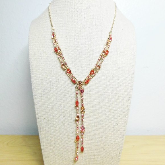 Inc Gold Tone Peach & Dark Coral Rhinestone Necklace - NWT - Picture 3 of 5